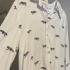 White button down animal print top for layering white and black